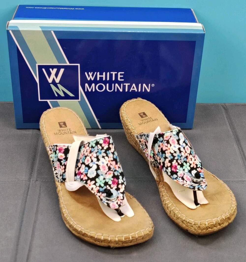 White Mountain Beachball Floral Wedge Sandals Espadrille Flip Flop Thong Slide